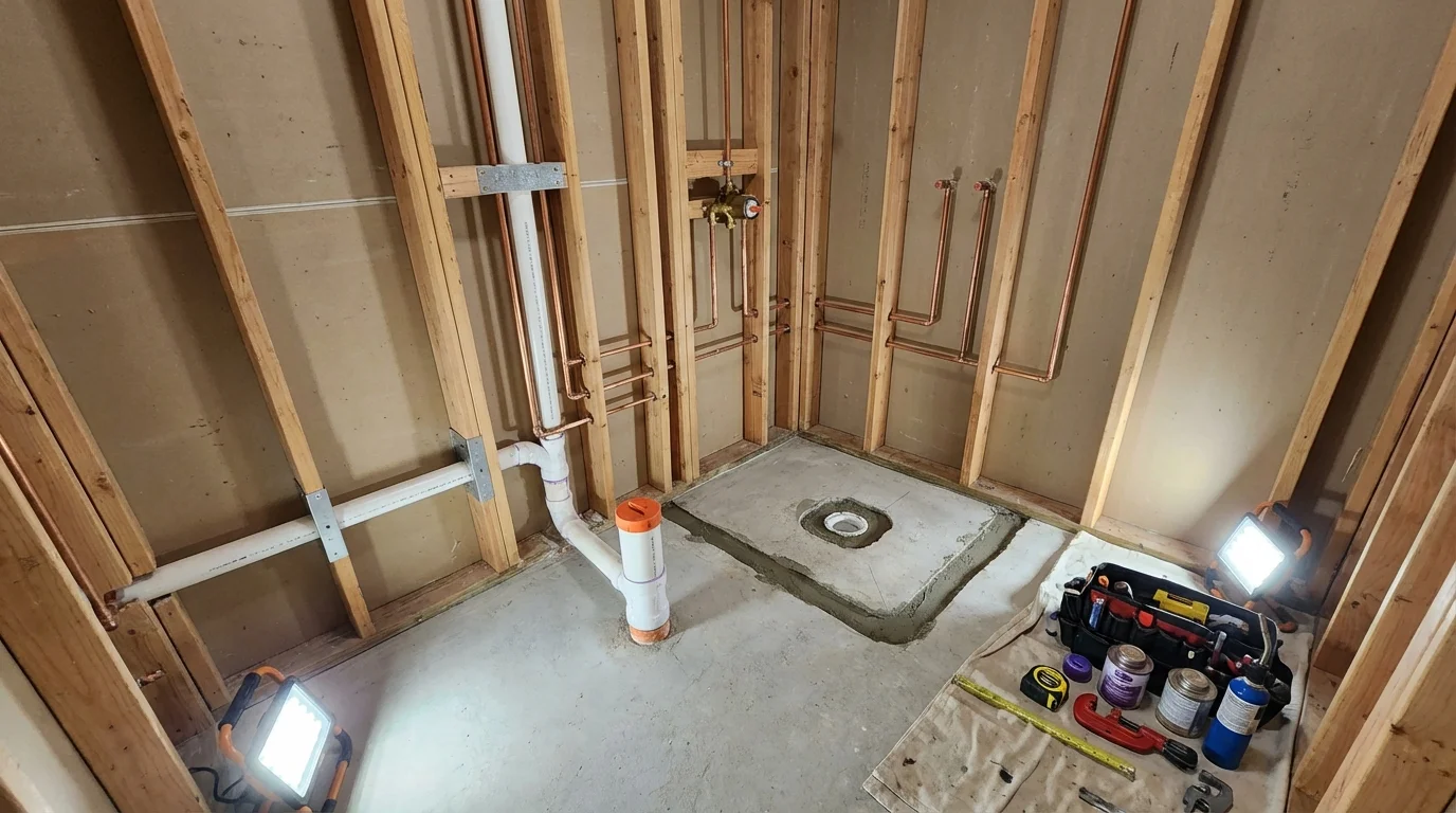 Bathroom rough-in plumbing during remodel by Johns Plumbing LLC in South Point