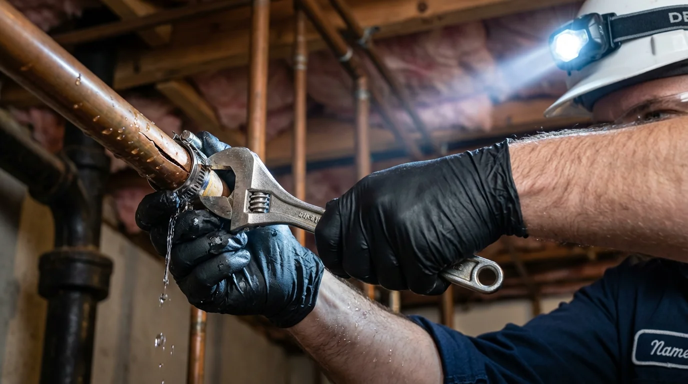 Emergency pipe clamp repair being performed by a Johns Plumbing LLC plumber in South Point